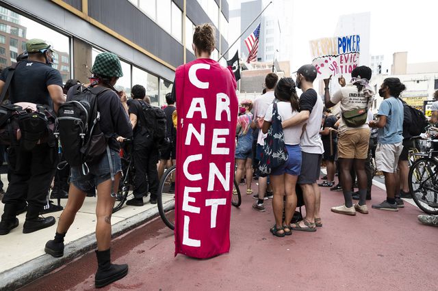 People gather for a protest calling on New York to cancel rent outside of Brooklyn housing court on August 6th, 2020.